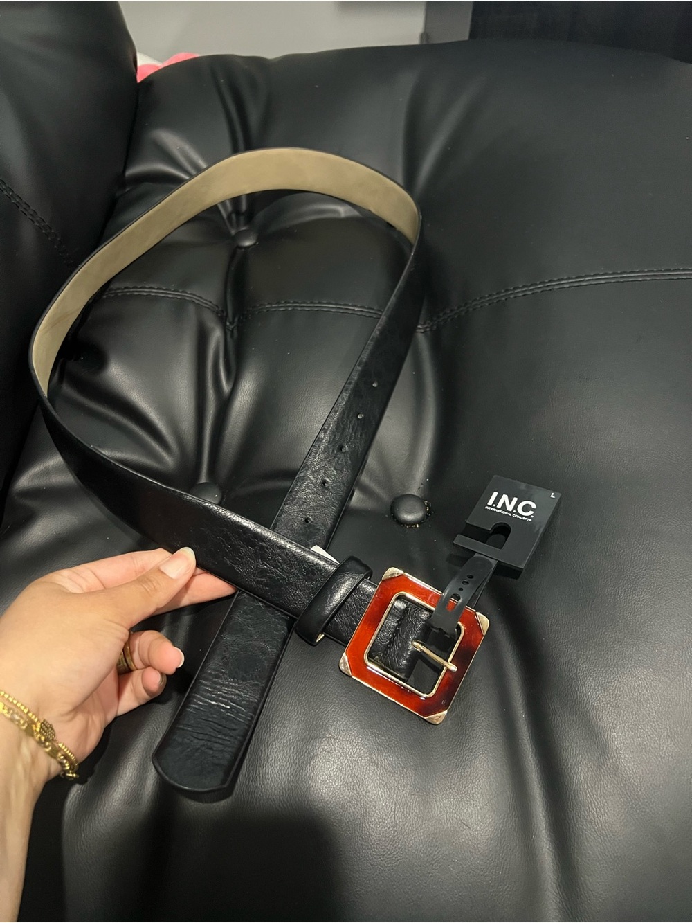 INC International Concepts Black Belt with Brown Tortoiseshell Square Buckle